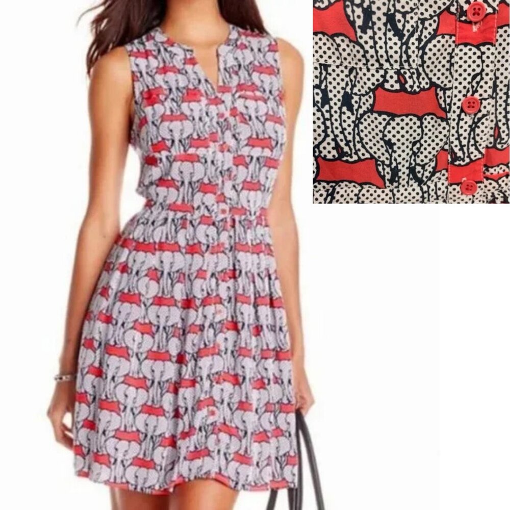 Crown & Ivy Pink Elephant Print Fit & Flare Dress Retro Mod Novelty Medium (8)